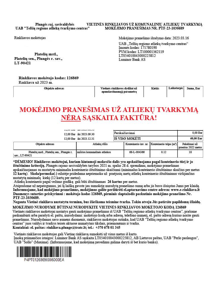 Mokėjimo pranešimas už atliekų tvarkymą NĖRA sąskaita faktūra!